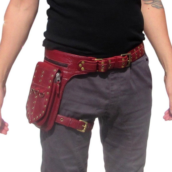 Leather Leg Holster Utility Belt  Steampunk Burning man Festival Hip Belt Bag with Pockets in Red HB31p * Free Shipping*