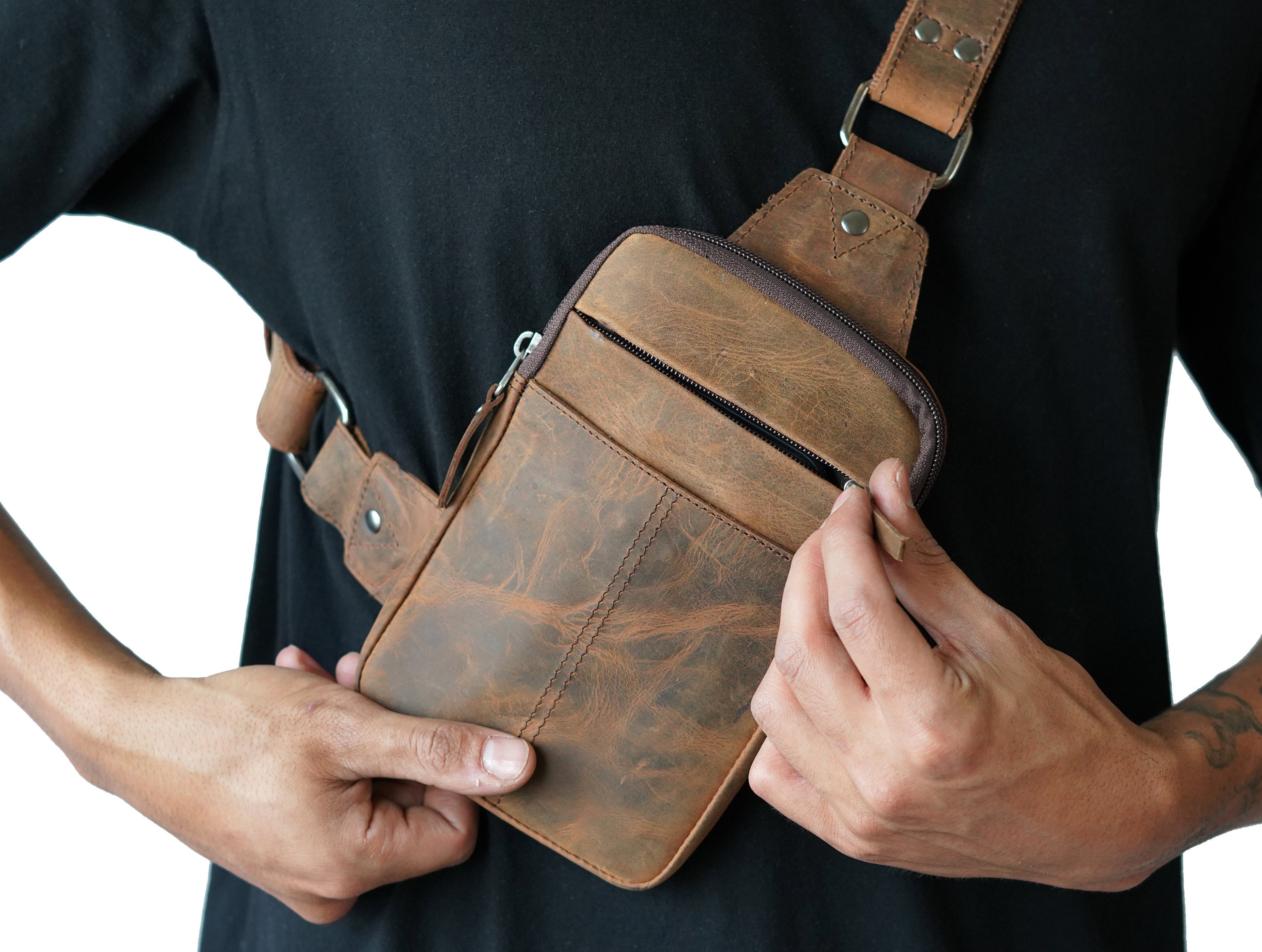 Men's Leather Sling Bag Chest Bag One Shoulder Bag Crossbody Bag Backpack  By Rustic Town (Dark Brown)