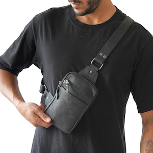 Leather Chest Bag Black Tactical Crossbody Bag Sling zdjęcie 1