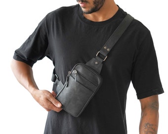Black Leather Chest Bag Tactical Crossbody Bag Sling