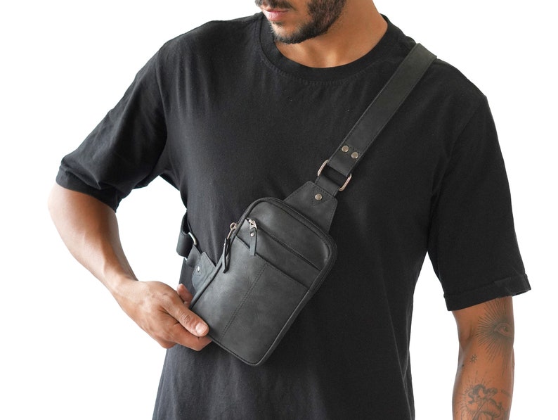 Leather Chest Bag Black Tactical Crossbody Bag Sling image 1