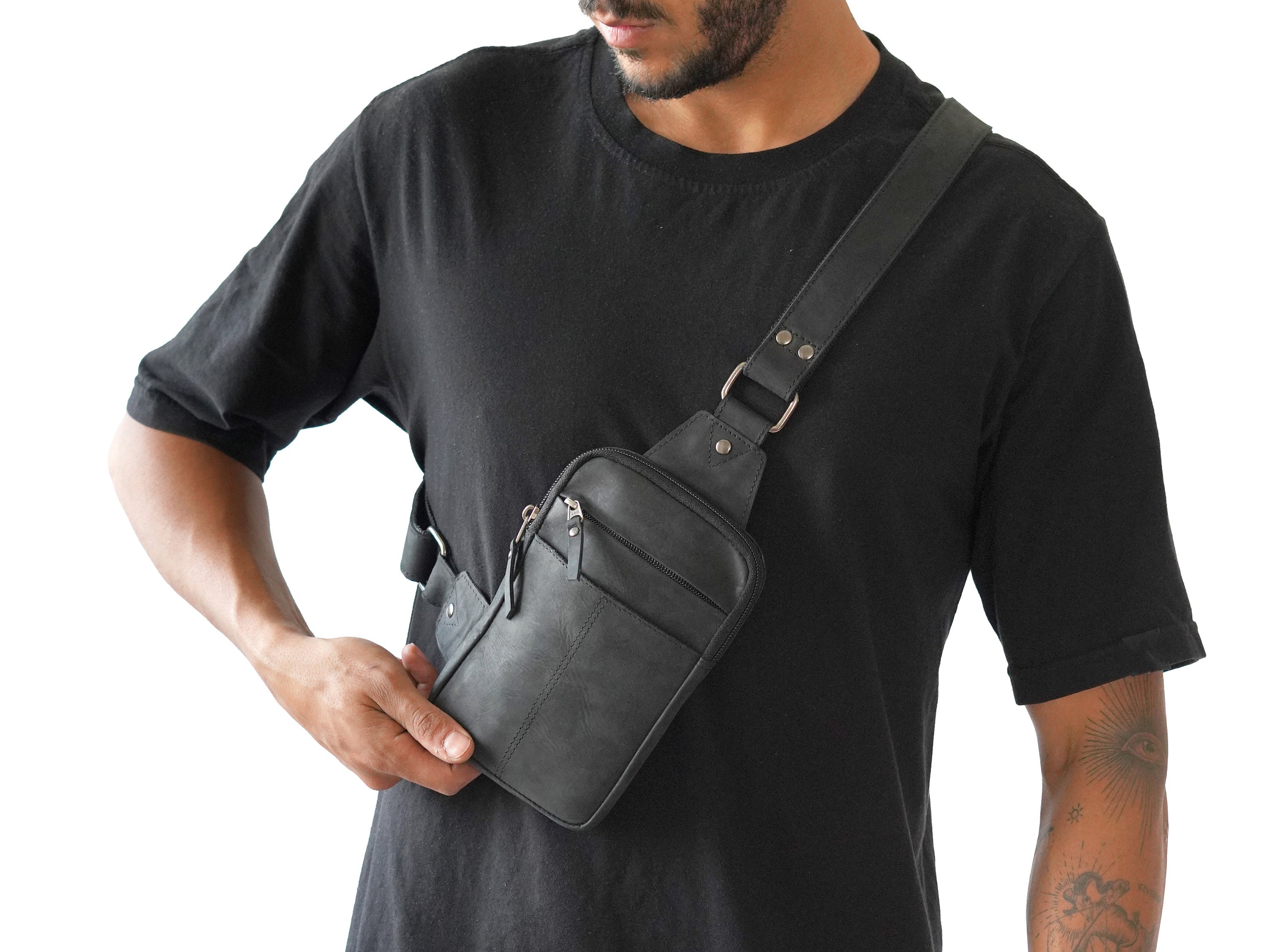 Leather Chest Bag Black Tactical Crossbody Bag Sling -  UK