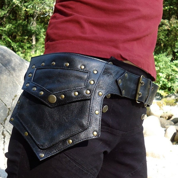Utility Belt Bag Leather Steampunk Clothing Renaissance Accessory Belt  in Black