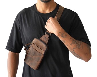 Leather Crossbody Bag Sling Chest Bag  Travel bag  in Brown