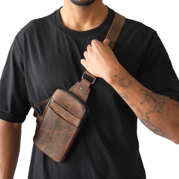 Leather Crossbody Bag Sling Chest Bag  Travel bag  in Brown