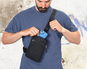 Mens Crossbody Sling Bag for Travel & Daily Use - Waxed Canvas Black Chest Bag