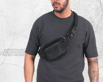Black Leather Crossbody Sling Bag - Men&#39;s Chest Bag and Fanny Pack