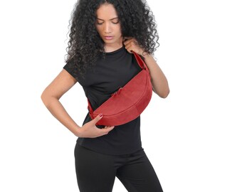 Leather Crossbody Sling Purse Red Half Moon Shoulder Bag for Women