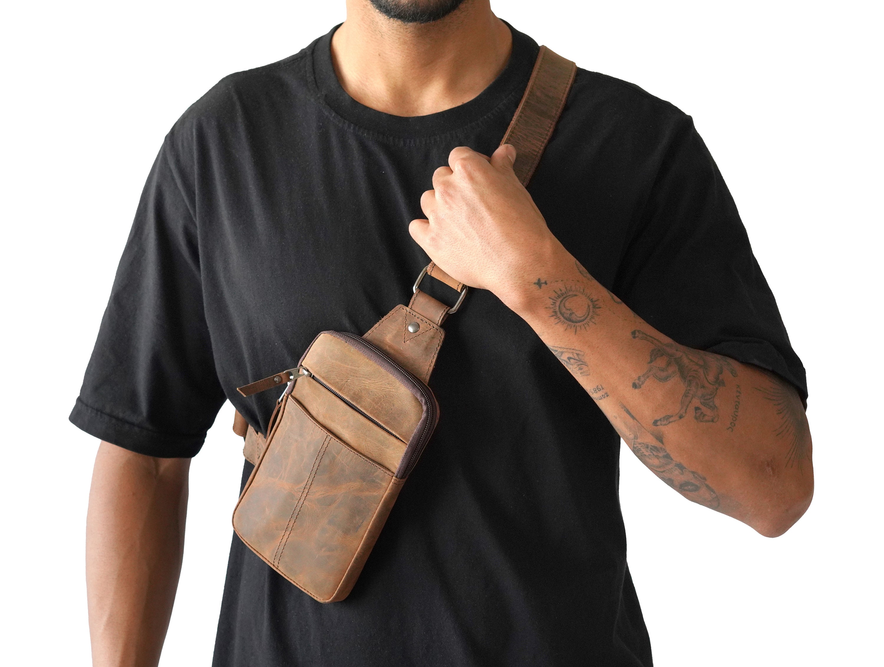 Men Women Chest Bag Genuine Leather Sling Shoulder Backpack, Waterproof Crossbody  Bag By Rustic Town (Brown)