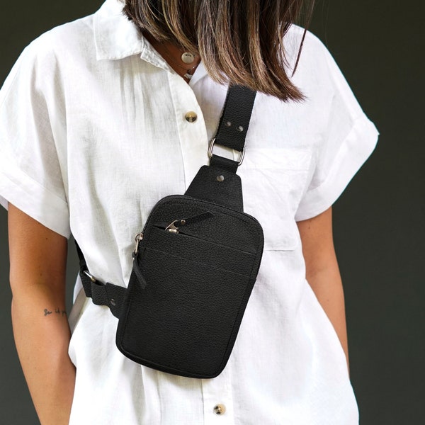 Vegan Leather Chest Bag Crossbody Sling Travel Purse in Black