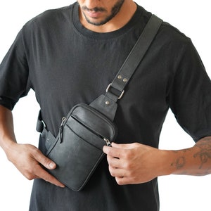 Leather Chest Bag Black Tactical Crossbody Bag Sling image 2