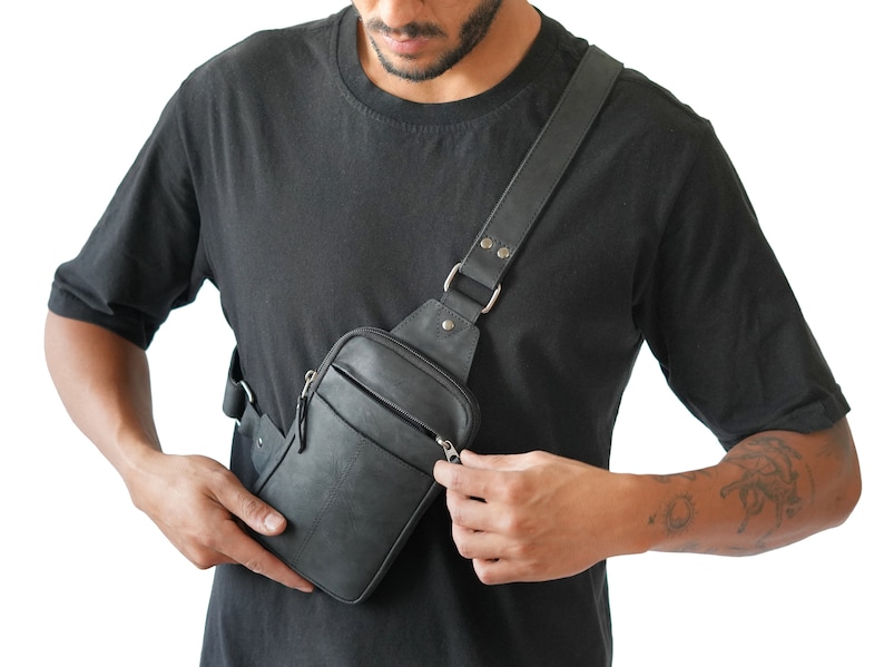 Leather Chest Bag Black Tactical Crossbody Bag Sling image 2