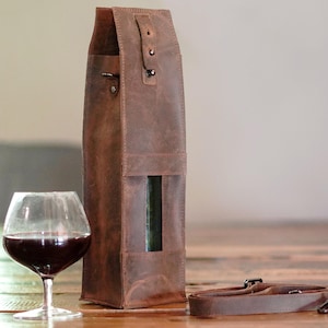 Leather Wine Bottle Caddy - Full Grain Wine Carrier Tote for Gifting and Travel
