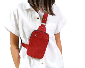 Red Leather Chest Bag Crossbody Sling Travel Purse