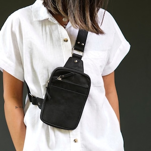 Leather Chest Bag Black Tactical Crossbody Bag Sling image 4