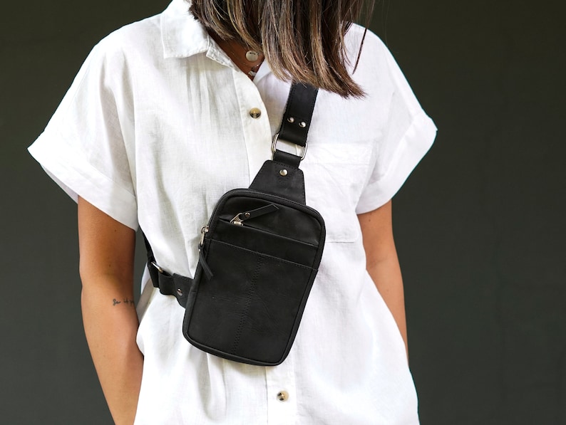 Leren borsttas Zwarte tactische crossbody tas Sling afbeelding 4