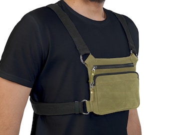 Chest Bag for Men Khaki Tactical Bag Leather Crossbody Pouch