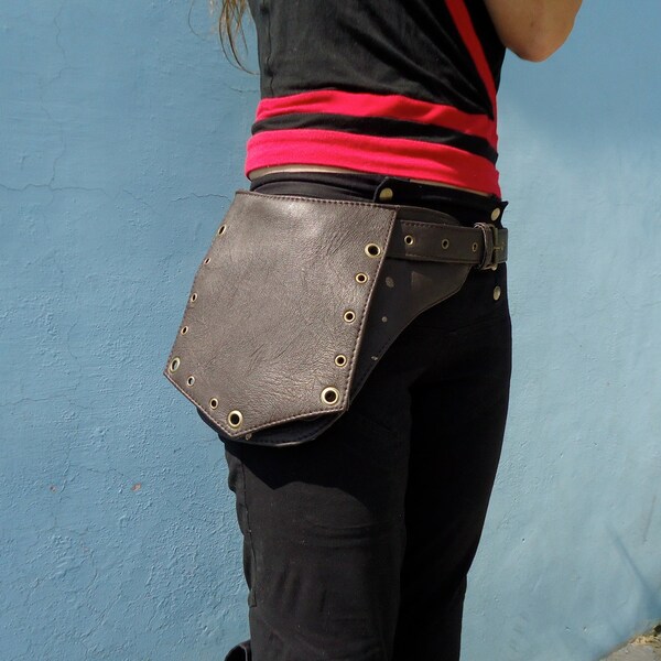 Leather Utility Belt Bag Festival Belt with Pockets in Dark Brown