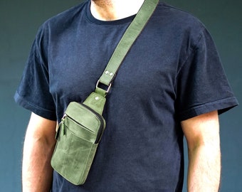 Mens Crossbody Bag Green Leather Chest Bag Travel Sling Purse
