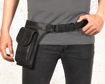 Black Leather Belt Bag: Utility Travel Pouch, Fits 32-44" Waist