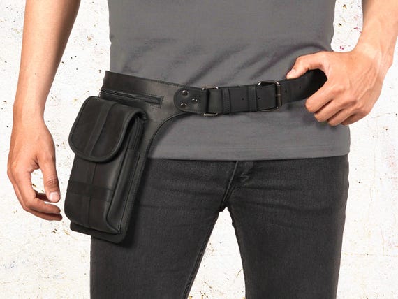 Black Leather Belt Bag: Utility Travel Pouch, Fits 32-44" Waist