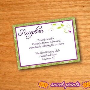 Printed Green & Purple Floral Flourish Wedding Invitation Reception Insert Enclosure Cards