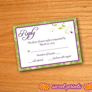Printed Green & Purple Floral Flourish Wedding Invitation Reply Cards