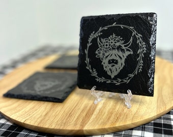 Laser Etched Engraved Highland Cow Slate Square Coasters Set Of 4