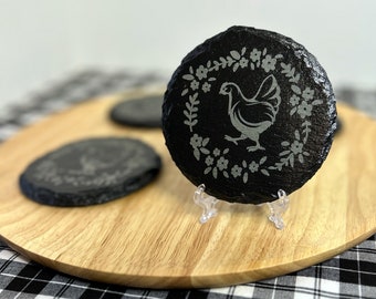 Laser Etched Engraved Hen Chicken Slate Circle Coasters Set Of 4