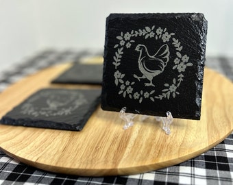 Laser Etched Engraved Hen Chicken Slate Square Coasters Set Of 4