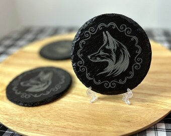 Laser Etched Engraved Fox Slate Circle Coasters Set Of 4