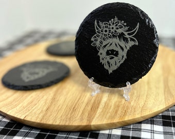 Laser Etched Engraved Highland Cow Slate Circle Coasters Set Of 4