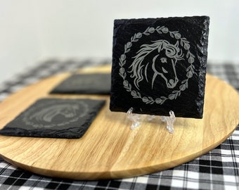 Laser Etched Engraved Horse Slate Square Coasters Set Of 4