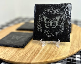 Laser Etched Engraved Butterfly Slate Square Coasters Set Of 4