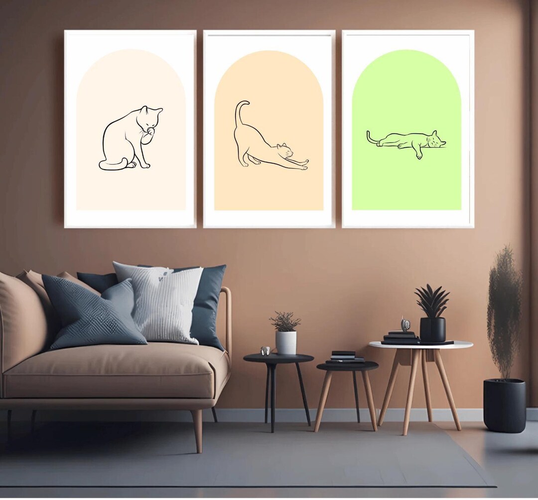 Minimalist Cat Line Art Prints - Scandinavian Pastel Decor (set of 3 ...