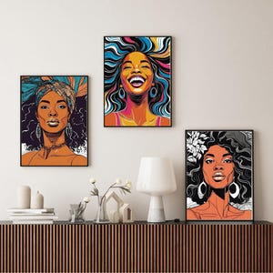 Woman Wall Art Set - Colorful  Lady Prints - Boho Black Girl Illustration Trio- Digital Print