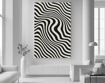 Black and White Optical Illusion Wall Art – Modern Abstract Wave Lines Poster- Digital print