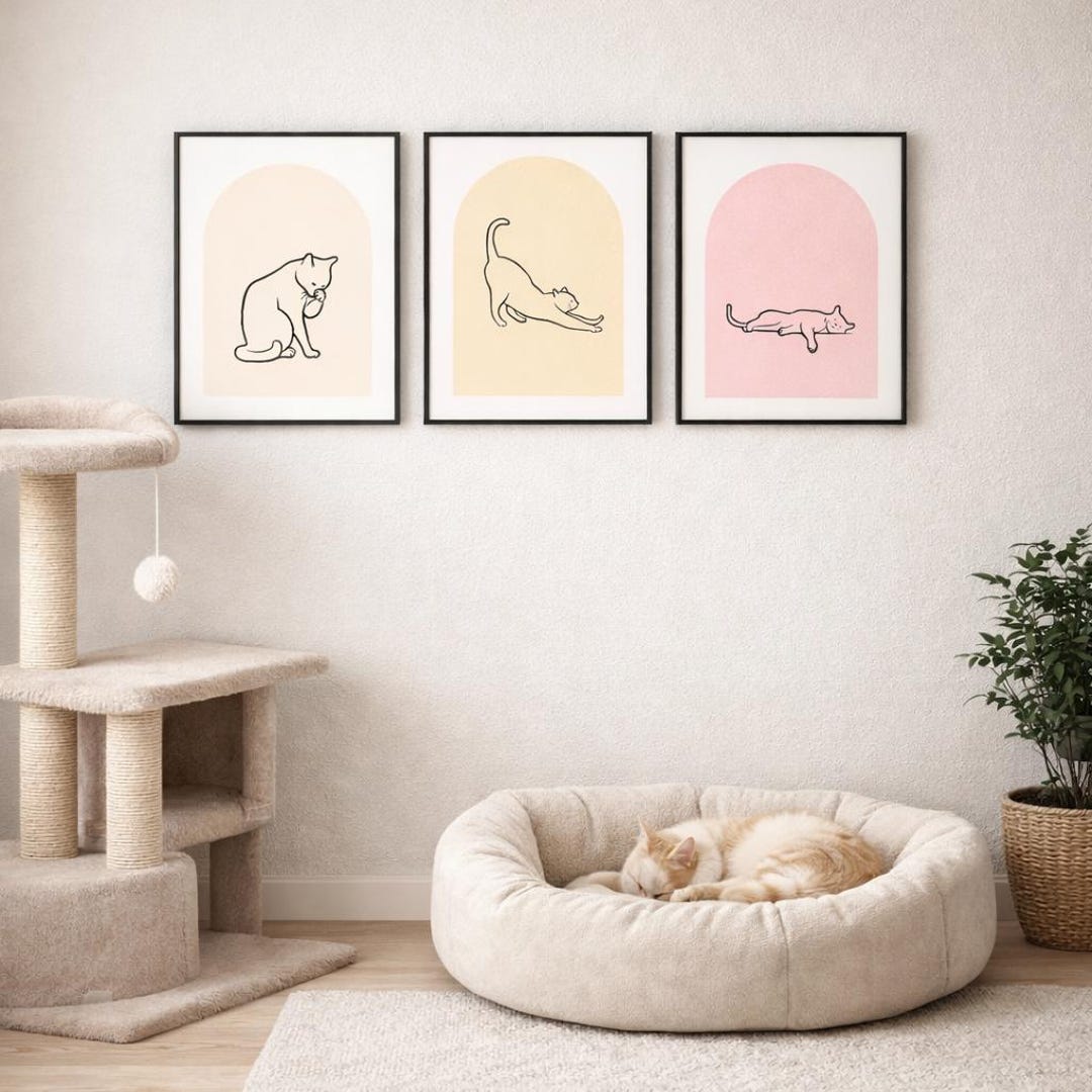 Minimalist Cat Line Art Prints - Scandinavian Pastel Decor (set of 3 ...