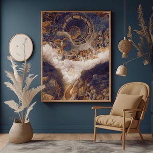 May include: A framed artwork showing a classical ceiling fresco with figures, clouds, and architectural details in blue, brown, and white. The artwork is displayed in a room with a blue wall, a beige chair, and decorative elements.