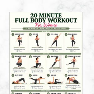 May include: A digital A4 workout chart titled 20 Minute Full Body Workout For Women. It features sixteen numbered exercise illustrations with text instructions, organized into warm-up, circuit, and cool-down sections on a white background.