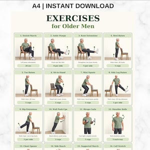 May include: A digital A4 instant download exercise chart titled Exercises for Older Men, featuring sixteen numbered illustrations of a person in a green t-shirt and gray pants demonstrating various physical movements using a chair.