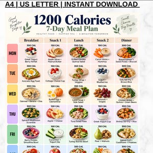 Puede incluir: Un plan de comidas de 7 días de 1200 calorías titulado 1200 Calories 7-Day Meal Plan. La cuadrícula muestra opciones diarias de desayuno, merienda, almuerzo y cena con conteo de calorías para cada comida, incluyendo imágenes de alimentos.
