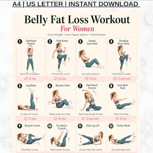 May include: A digital workout chart titled Belly Fat Loss Workout For Women, featuring sixteen numbered exercise illustrations with instructions and repetition counts. The layout includes A4 and US Letter text at the top and HealthyHabitsPrint at the bottom.