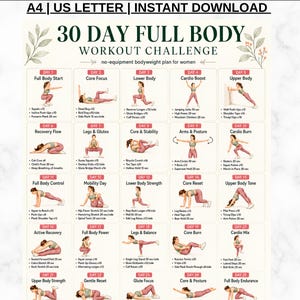 May include: A 30-day full body workout challenge chart featuring daily exercise routines with illustrations of a person performing various movements. The text includes A4, US Letter, instant download, and HealthyHabitsPrint branding.