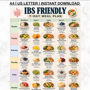 May include: A 7-day IBS friendly meal plan chart featuring daily breakfast, snack, and dinner options with food illustrations and calorie counts. The document includes text headers for A4 and US Letter sizes and an instant download label.