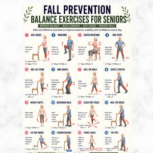 Puede incluir: Un póster instructivo titulado Fall Prevention Balance Exercises for Seniors que presenta dieciséis ilustraciones numeradas de una persona realizando varios movimientos físicos con una silla, incluyendo elevaciones de talón y sentadillas.