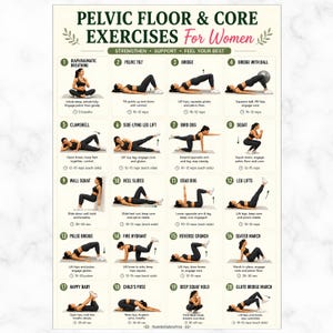 May include: A white instructional poster titled PELVIC FLOOR & CORE EXERCISES For Women. It features 20 numbered illustrations of a person performing various fitness movements, each with a descriptive label, instructional text, and repetition count.
