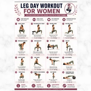 Può includere: Un poster informativo bianco intitolato LEG DAY WORKOUT FOR WOMEN con 16 illustrazioni di esercizi numerate. Ogni sezione include un diagramma di una persona che esegue un movimento, testo descrittivo e il numero di ripetizioni per quadricipiti.
