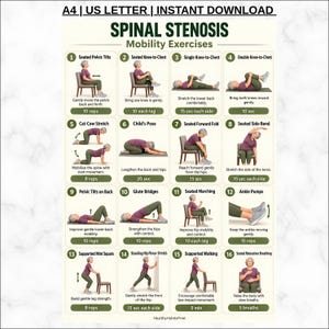 Puede incluir: Un gráfico digital titulado Spinal Stenosis Mobility Exercises que presenta dieciséis ilustraciones numeradas de una persona con camisa morada y pantalones verdes realizando diversos ejercicios de fisioterapia con instrucciones de texto.