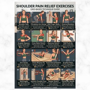 May include: A grid-based technique guide titled SHOULDER PAIN RELIEF EXERCISES featuring sixteen numbered illustrations of a person in a green sports bra and gray leggings performing various physical therapy movements with red muscle highlight indicators.